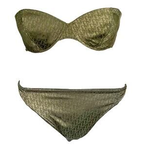 AUTH VTG Christian Dior Green Oblique Trotter Monogram Logo Bikini Swimsuit Set